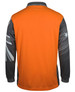 An orange and black long-sleeve polo shirt featuring a design with a logo.