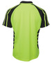 A bright green and black polo shirt with a sporty design and logo on the back.