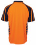 An orange and navy work polo shirt with a sporty design and a logo on the chest.