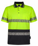 A yellow and black segmented tape polo shirt featuring reflective stripes and a pocket. It has a collar and short sleeves.