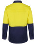 A long-sleeved work shirt in high-visibility yellow and navy blue, featuring a logo on the back.