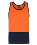 An orange and navy work singlet featuring a logo. Ideal for warm weather and active environments.