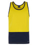 A work singlet in bright yellow with a navy blue bottom, featuring a logo on the label.
