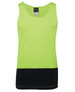 A high-visibility singlet in bright lime green with a black bottom section, featuring a logo.