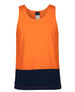An orange and navy work singlet featuring a logo on the front, designed for workwear.