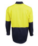 A long-sleeve shirt in high-visibility yellow and navy blue with a professional workwear design and logo.