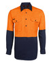 High-visibility long sleeve work shirt in orange and navy, featuring two front pockets and a branding logo.
