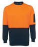 An orange and navy work jumper featuring a pocket and a logo on the sleeve.