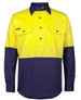 A long-sleeve work shirt featuring a yellow upper section and navy blue lower section, with two front pockets and a logo.