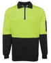 A fleece jumper in bright yellow-green with a black lower section and a zip collar, featuring a pocket on the sleeve.