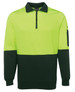 A bright lime green and dark green polar fleece jumper with a half zip and a side pocket, featuring a logo.