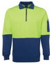 A polar fleece top featuring a half zip, with a bright green upper and navy blue lower section. Includes a pocket.