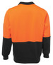 A fleece work jumper in orange and black with a logo, featuring a half-zip collar and long sleeves.