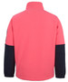 A polar fleece jacket in pink with navy sleeves, featuring a high collar and a plain back design.