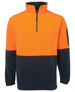 A polar fleece in vibrant orange and navy blue, featuring a half zip and a sleeve pocket. Includes a logo.
