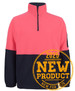 A polar fleece pullover in pink and navy with a half-zip design and a branding logo on the sleeve.