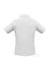 A white women's short sleeve polo shirt, featuring a classic collar and a logo on the back.