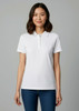 A white women's short sleeve polo shirt featuring a collar and a fitted design. The model is wearing it with blue jeans.