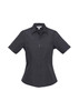 A short-sleeve button-up shirt in charcoal grey with two chest pockets and a branded logo.