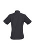 A black women's short sleeve button-up shirt featuring a back view design and a logo.