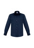 A navy blue long sleeve button-up shirt with a chest pocket and a branded label.