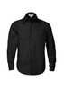 A black long sleeve button-up shirt with a pocket and a branding logo.