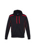 A black hoodie with red accents and a drawstring hood, featuring a zip front and pockets.