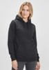 A black women's crew hoodie featuring a front pocket and a hood, with a simple design and a logo.