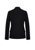 A black mid-length jacket with long sleeves and a tailored back design. It features a logo on the fabric.