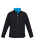 A black soft shell jacket with a blue interior, featuring a zip front and side pockets. It has a logo on the chest.
