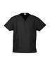 A black unisex scrub top featuring a V-neck design and two front pockets. Includes a logo on the neck label.