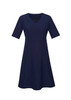 A navy blue extended short sleeve dress with a v-neck and flared skirt. It features a back zip and has a logo.