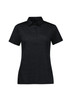 A black women's short sleeve polo shirt with a collar and button placket, featuring a subtle textured design.