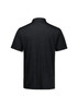 A black short sleeve polo shirt with a textured pattern and a collar, featuring a logo.
