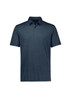 A short sleeve polo shirt in a dark blue shade with a subtle striped pattern and a collar. Features a logo.