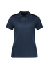 A navy short sleeve polo shirt for women, featuring a collar and button placket, with a subtle texture.