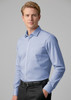 A light blue men's long sleeve button-up shirt with a chest pocket and a branding logo.