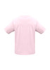 A pink short sleeve tee with a round neckline, featuring a logo on the back. Suitable for kids.