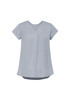 A light blue women's V-neck pleat blouse with short sleeves and a flowy design. It features a branding logo.