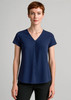 A navy blue V-neck pleat blouse with short sleeves, featuring a subtle pleat detail at the front.
