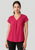 A women's V-neck pleat blouse in vibrant pink, featuring short sleeves and a relaxed fit.