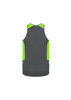 A grey singlet with bright green accents on the sides, featuring a logo on the back.