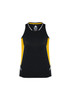 A black and yellow women's singlet featuring a logo, with a fitted design and contrasting side panels.