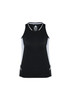 A black women's singlet with grey side panels and a logo on the front. Ideal for sports and casual wear.