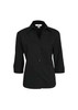 A black women's 3/4 sleeve button-up shirt with a collar and a logo on the inside.