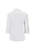 A white women's button-up shirt featuring a 3/4 sleeve and a collared design, with a logo on the label.