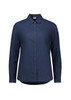 A long sleeve women's button-up shirt in navy blue with a collar and front buttons, featuring a subtle textured pattern.