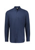 A long sleeve button-up shirt in navy blue with a chest pocket and a collar, featuring branding.