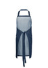 A denim apron featuring a lighter denim front, adjustable straps, and pockets with a tie waist.