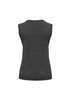 A dark grey women's V-neck knit vest with a sleeveless design and fitted silhouette, featuring a small logo.